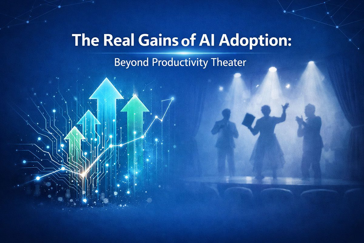 Business transformation diagram showing five compounding gains of enterprise AI adoption from decision velocity to new revenue models